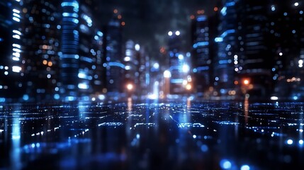Poster - Vibrant cityscape at night illuminated by blue lights reflecting on a glasslike surface creating a futuristic vibe : Generative AI