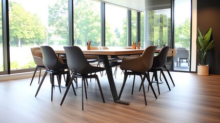 Aufkleber - Modern minimalist meeting room with large windows and stylish furniture set for collaboration : Generative AI