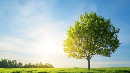 Aufkleber - Lively Green Tree Under a Bright Sky Bathed in Warm Sunlight Representing Growth and Life : Generative AI
