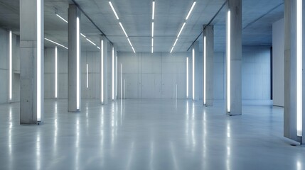 Leinwandbilder - Modern spacious interior with concrete walls and illuminated vertical light fixtures enhancing minimalist aesthetic : Generative AI