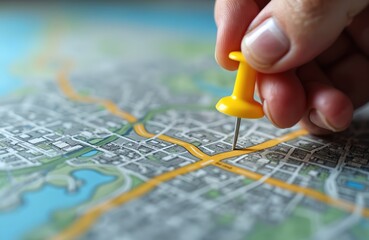 Fototapete - Close-up view hand placing yellow pushpin city map. Pin marks specific location on detailed street paths. Travel route, navigation, direction, urban planning concept.