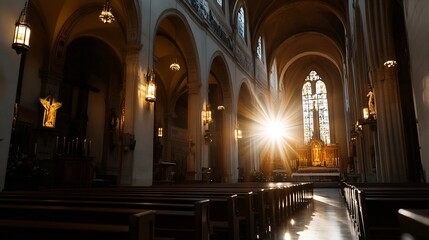 Aufkleber - Stunning interior view of an ancient church illuminated by sunlight through the stained glass : Generative AI
