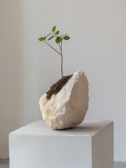 Poster - Minimalistic indoor plant arrangement showcasing a young sprout on a rock in a modern setting : Generative AI