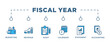 © SARMANICON - FISCAL YEAR banner web icon vector illustration concept for product and service quality inspection with an icon of budgeting , revenue, audit, calendar, statementm, accounting,