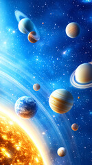 Wall Mural - A colorful cosmic scene features the sun radiating light while planets orbit in a vast expanse filled with stars. Jupiter, Saturn, and Earth are prominent, illustrating the beauty of space