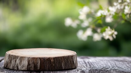 Poster - Natural Wooden Plank with Green Blossoms in a Lush Garden of Springtime Freshness : Generative AI