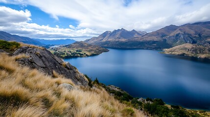 Poster - Stunning View of a Serene Lake Surrounded by Mountains and Clear Blue Skies in Nature : Generative AI
