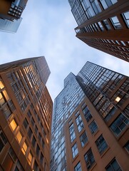 Aufkleber - A dramatic view of towering modern skyscrapers reaching toward a cloudy sky : Generative AI