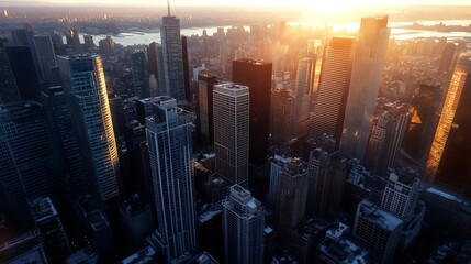 Aufkleber - Stunning Aerial View of City Skyline at Sunset with Glowing Skyscrapers and Reflective Glass Facades : Generative AI