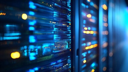 Fototapete - Modern server technology with illuminated data points creating a captivating visual in a tech environment : Generative AI