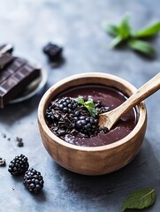 Aufkleber - Rich chocolate sauce with fresh blackberries and mint leaves in a rustic wooden bowl : Generative AI