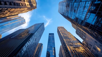 Aufkleber - Stunning perspective view of towering skyscrapers against a bright blue sky filled with clouds : Generative AI