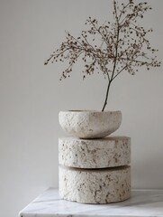 Aufkleber - Elegant Minimalist Stone Bowl Arrangement with Delicate Dried Flowers in a Modern Setting : Generative AI