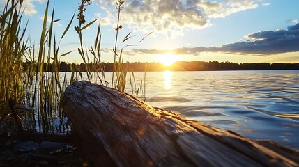 Aufkleber - Serene Sunset Over Calm Water with Reflections and Tall Grass in the Foreground : Generative AI