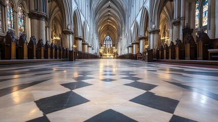 Aufkleber - Majestic Interior of a Cathedral with Tall Arches and Stunning Stained Glass Windows : Generative AI