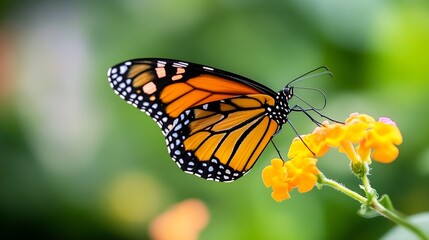 Poster - Vibrant monarch butterfly resting on a bright flower surrounded by lush greenery in natural setting : Generative AI