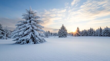 Poster - Picturesque snowy forest at sunset with tall evergreen trees surrounded by fresh snow : Generative AI