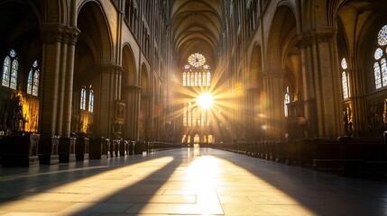 Aufkleber - Beautiful cathedral interior illuminated by sunlight streaming through stained glass windows creating a serene ambiance : Generative AI