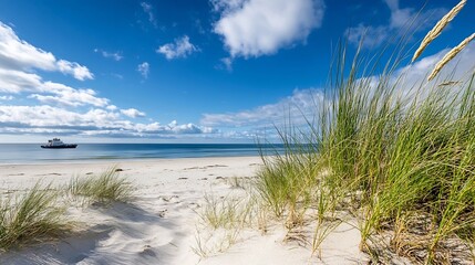 Aufkleber - Serene beach view with lush grass and calm ocean under a clear sky featuring a distant boat : Generative AI