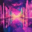 © Nataliia - a glowing neon city reflected in a serene lake, vibrant colors of pink, purple, and yellow, surreal and magical urban landscape