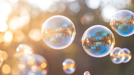 Poster - Delicate soap bubbles floating gracefully in a sunlit park filled with vibrant colors : Generative AI