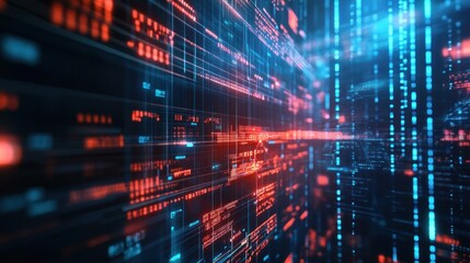 Abstract Digital Data Stream, Red and Blue Binary Code Flowing in Cyberspace