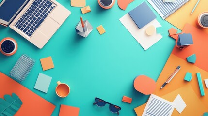 Poster - Creative workspace background with layered paper art featuring office supplies and elements in a vibrant and organized layout