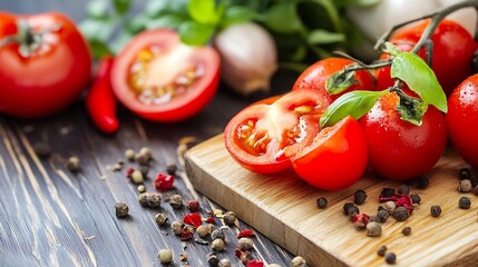 Poster - Freshly sliced tomatoes on a chopping board surrounded by colorful herbs and spices in a kitchen setting : Generative AI