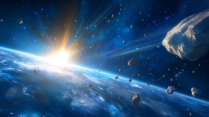 Wall Mural - A bright sunrise illuminates the Earth as numerous asteroids float through the dark expanse of space. The view captures the beauty of the cosmos and highlights the dynamic nature of our universe