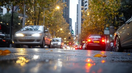 Aufkleber - Rainy urban street scene with cars and glowing autumn trees reflecting on wet pavement : Generative AI
