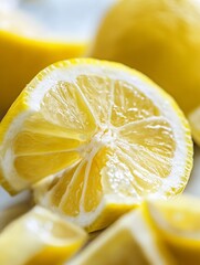 Poster - Vibrant and juicy lemons sliced open showcasing their tangy and refreshing interior on a bright background : Generative AI