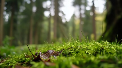 Poster - Close up view of lush green moss covering the ground in a tranquil forest setting : Generative AI
