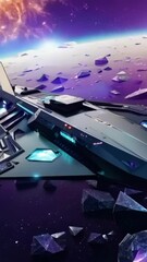 Wall Mural - vertical 9:16 A sleek starship glides through a dense field of glowing crystalline asteroids. Each crystal refracts light from a distant nebula, creating bursts of vibrant colors