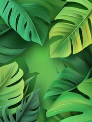Fototapete - Fresh eco-friendly backdrop with layered tropical leaves in vibrant green tones create an organic natural aesthetic for design projects