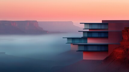 Wall Mural - a towering structure perched precariously atop a cliffside overlooking a serene water body, with an 