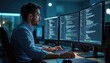 © miss irine - Software developer coding on multiple monitors in office. Programmer writes code, types on keyboard. Workstation with code on screen. specialist, computer science, modern tech job. Programmer works