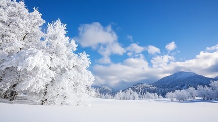 Aufkleber - Winter landscape with snowcovered trees and mountains under a bright blue sky : Generative AI