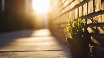 Leinwandbilder - Sunlit scene showing a small potted plant growing beside a textured brick wall in the evening : Generative AI