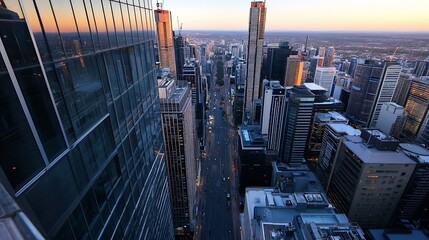 Poster - Aerial view of a bustling city skyline at sunset showcasing the urban landscape : Generative AI