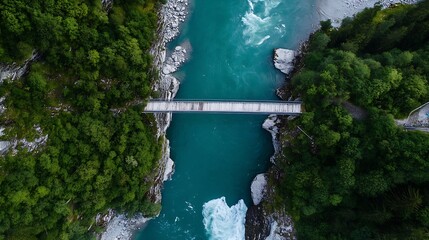 Poster - Aerial view of a serene river with a bridge surrounded by lush greenery and rocky landscapes : Generative AI