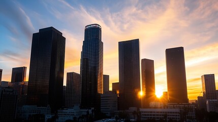 Poster - Dramatic skyline view of tall buildings against colorful sunset sky in urban environment : Generative AI