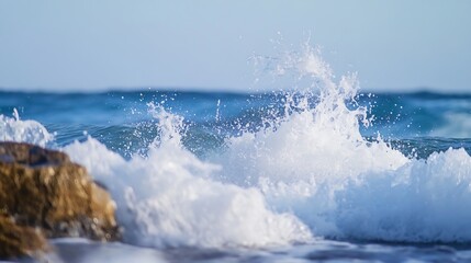 Aufkleber - Energetic ocean waves crashing against the rocks under a bright sunny sky showcasing nature's power : Generative AI