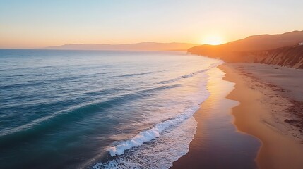 Aufkleber - Serene beach landscape with golden sun setting over calm ocean waves : Generative AI