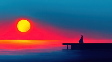 Wall Mural - a person sits on a bench, watching the sun set over the ocean with a sailboat in the foreground