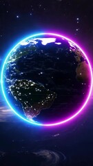 Wall Mural - vertical 9:16 A massive planet with glowing neon rings floats in deep space, surrounded by asteroids emitting faint blue and purple light. The rings pulse gently, illuminating the cosmic void