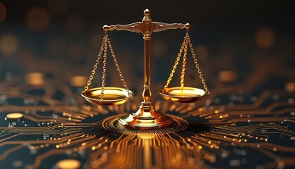 Aufkleber - Golden balance scale rests on glowing circuit board. Symbolizes justice digital world. Concepts law, technology, legal, equality, innovation, future. Digital representation.
