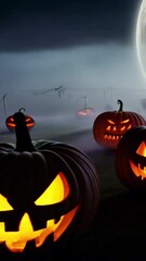 Wall Mural - vertical 9:16 A spooky pumpkin patch glows softly under a misty full moon. The pumpkins’ carved faces emit warm light, casting eerie shadows across the fog-covered ground. Halloween surreal aesthetic