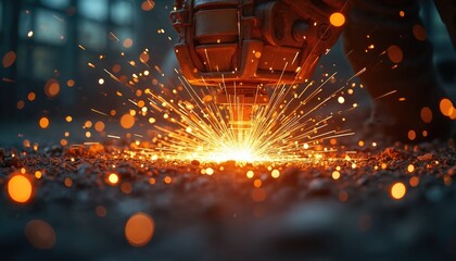 Poster - Gold spark fire flame from cutting steel welding at industry factory. Sparks during metalworking creates industrial background. Sparks from welding process. Industrial machine creates bright flame.