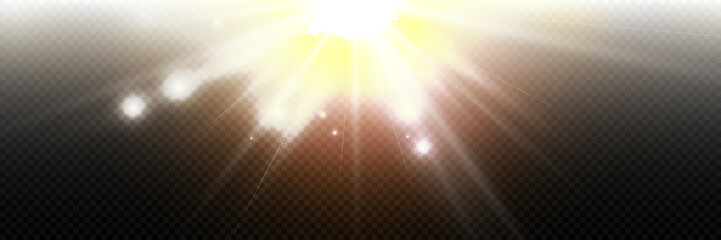 Wall Mural - glow light star, yellow sun rays, gold glare bokeh. flash yellow sun, star flashed with sparkles.