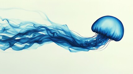 Wall Mural - blue ink painting of a jellyfish on white background with a blue wave in foreground